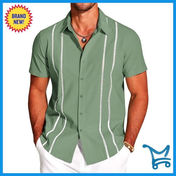 Men's Short Sleeve Cuban Guayabera Button Down Shirt Casual Summer Linen